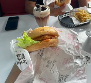 The Krusty burger is so good, I recommend it but would add a “meat” patty next time!   at Comet 984 in Playa Del Carmen