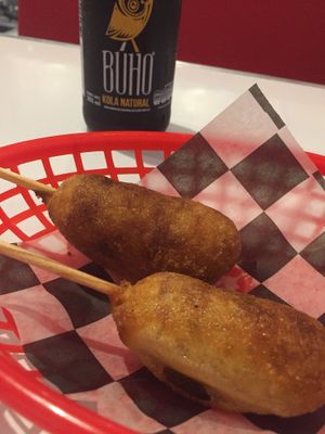 corn dogs & kola at Comet 984 in Playa Del Carmen