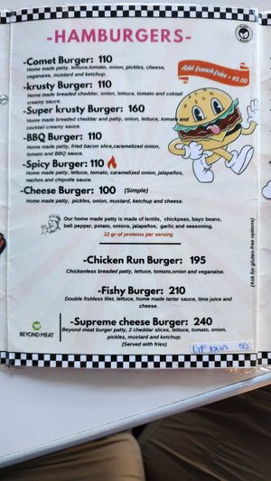 Burger menu options offering homemade patties at Comet 984 in Playa Del Carmen