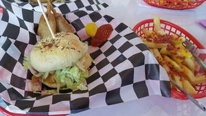 Fish burger, corn dog and cheddar/bacon fries at Comet 984 in Playa Del Carmen