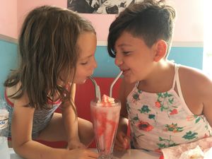 Sharing a shake! at Comet 984 in Playa Del Carmen