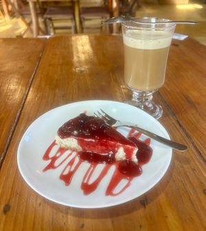 Cheesecake with Fruit Sauce &  Cappuccino   at Cravo e Canela in Alto Paraiso