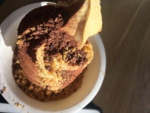 Pumpkin Cheesecake yogurt with Cocoa nibs and Bumblebar at Eb & Bean - Broadway in Portland