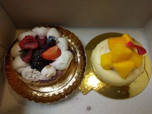 fruit tart and mango cheesecake at Pomegranate Cafe in Los Angeles