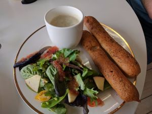 chowder with salad at Pomegranate Cafe in Los Angeles
