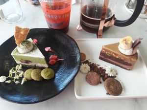 green tea and salted caramel banana cakes at Pomegranate Cafe in Los Angeles