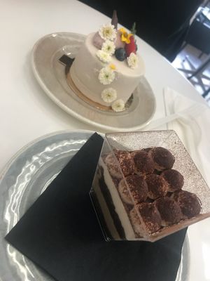 Strawberry shortcake and tiramisu  at Pomegranate Cafe in Los Angeles