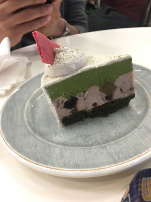 Green tea cake with mochi  at Pomegranate Cafe in Los Angeles