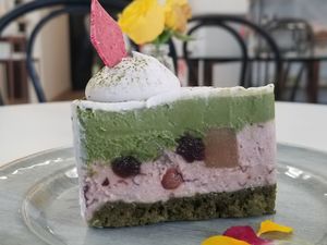 macha vegan cake at Pomegranate Cafe in Los Angeles