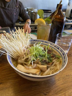 Mushroom pho and iced jasmine tea    at GOODdays in Brunswick