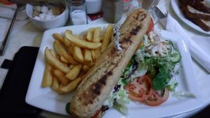 Vegan BLT Baguette, chip's & salad at Cafe 50 in Yeovil