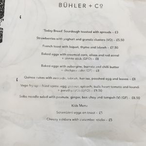 menu at Buhler & Co in East London
