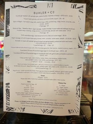 Menu  at Buhler & Co in East London