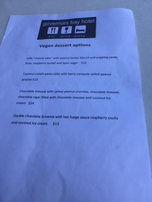 vegan menu Governors Bay Hotel at Governors Bay Hotel in Christchurch