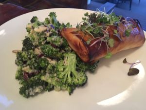 spinach and mushroom filo with broccoli salad  at Governors Bay Hotel in Christchurch