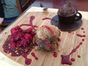 chocolate cup and saucer with chocolate mousse, coffee sorbet and peanut brittle  at Governors Bay Hotel in Christchurch