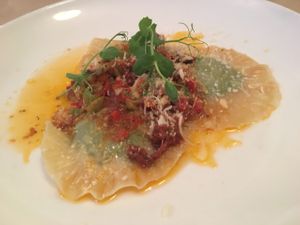 vegan ravioli stuffed with herby tofu  at Governors Bay Hotel in Christchurch