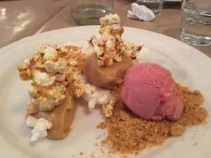 bavouris with caramel popcorn and sorbet  at Governors Bay Hotel in Christchurch