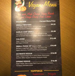 vegan menu! at Pizza Bell in Elk Grove
