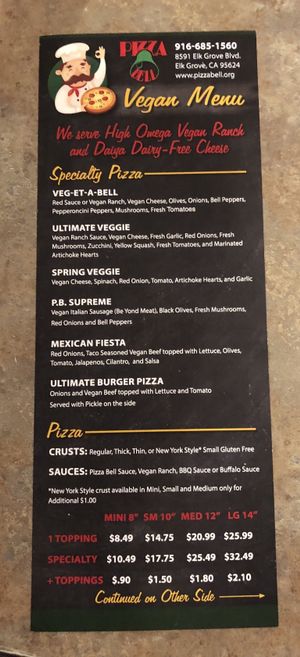 Vegan menu, one side  at Pizza Bell in Elk Grove