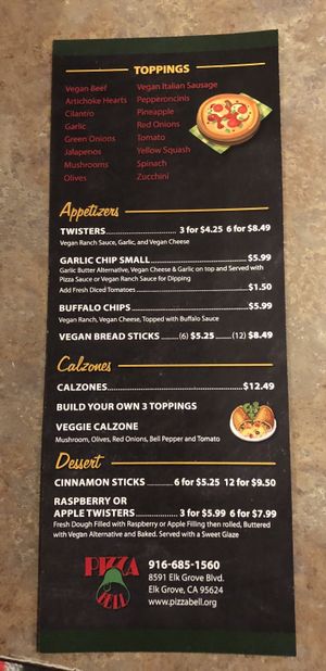 Vegan menu, other side  at Pizza Bell in Elk Grove