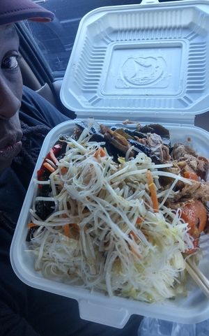 3 piece combo( seaweed knots, tofu skin and bean sprouts) atop noodles. $15+tax. Delicious! at Sogo Tofu in San Jose