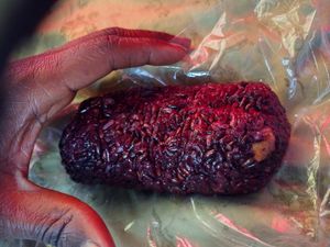 Purple rice filled w herbal tofu at Sogo Tofu in San Jose