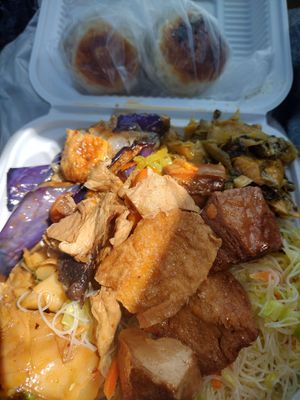 Combo plate and two pastries red bean and mung at Sogo Tofu in San Jose