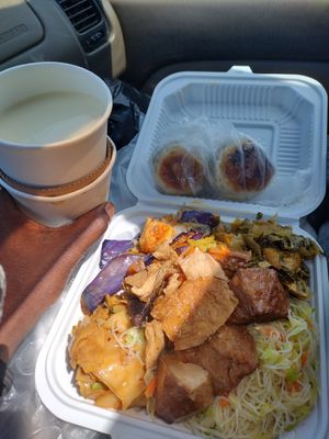 Hot sweetened fresh soy milk!!!! And combo plate w pastries at Sogo Tofu in San Jose