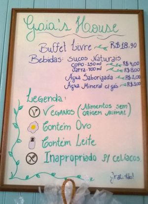 Prices and labels information in a small blackboard inside the restaurant on April 21st, 2016 at Gaia's House in Caxias Do Sul