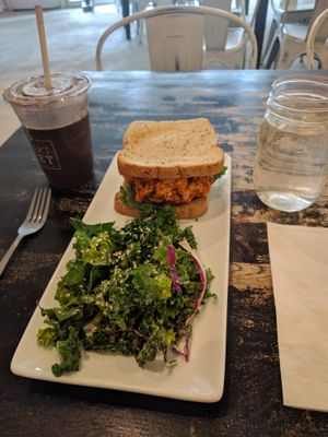Buffalo cauliflower sandwich and chocolate cherry bomb smoothie. at goodbeet in Haddon Township