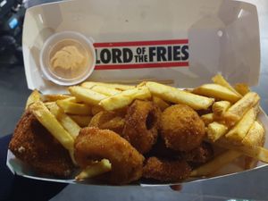 Sampler box: chips, nuggets, onion rings, fried mac and cheese balls, fried chikn $15.00, Vietnamese sauce $2.00 at Lord of the Fries - Flinders Street in Melbourne