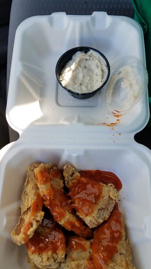 Seitan buffalo wings with vegan blue cheese at Oak House in Newmarket