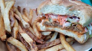 Buffalo seitan sandwich on a potato roll. at Oak House in Newmarket