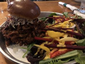 BBQ sammie (made with jackfruit) with salad at Oak House in Newmarket