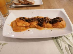 With pumpkin sauce and mushroom topping at Vitto Pitagorico in Naples