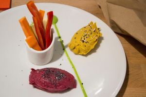 Beetroot and pumpkin hummus.  Very delicious and flavorful! at Vitto Pitagorico in Naples