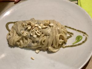 Spaghetti with cashew sauce. The best dish!  at Vitto Pitagorico in Naples