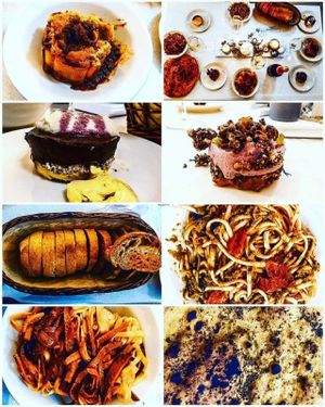 Three different raw desserts, curcuma bread, Sicilian spaghetti, thaï noodles and vegan cheese pizza at Vitto Pitagorico in Naples