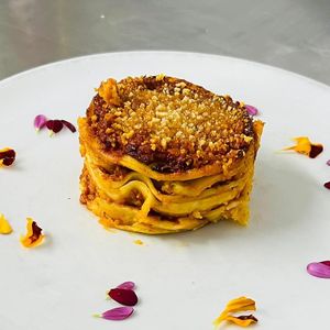 Vegan lasagna with soy ragout at Vitto Pitagorico in Naples