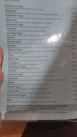 Carte des pizza en français, août 2017 at Vitto Pitagorico in Naples