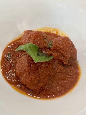 Classic Neapolitan meatballs, crispy on the outside, soft on inside and swimming in thick tomato sauce   at Vitto Pitagorico in Naples
