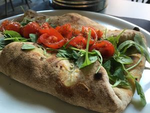 Stuffed pizza with eggplant- the Theorema  at Vitto Pitagorico in Naples