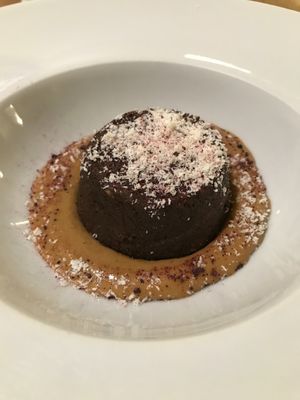 chocolate and date cake w peanut butter sauce at Vitto Pitagorico in Naples