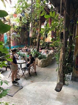 The restaurant of the Los Amigos Hostel at Los Amigos in Flores