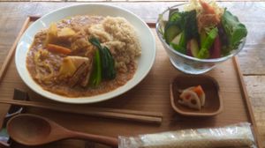 delicious vegetable & lentil curry with brown rice, pickles, and a mixed salad. at k u p u in Shunan