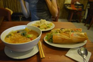 mushroom & pineapple soup (not nice), banh mi (ok) and meal of the day (ok) at Buddha Belly in Cat Ba