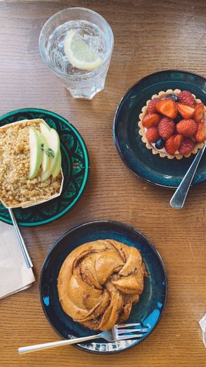 Apple crumble, berry tartlette and cinnamon bun.  at Ou Bien Encore in Geneva