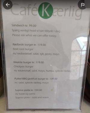 Menu at Cafe K-ærlig in Ribe