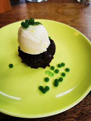 Brownie with vegan ice cream. at Cafe K-ærlig in Ribe